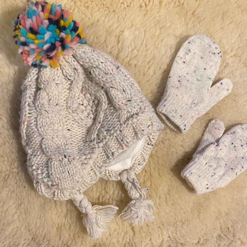 Carter's Cream Knit Pom Earflap Hat with Multicolor Pom and Mittens